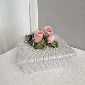 Vtg Frazier Pottery Lg Trinket Box Pink Trumpet Flower Vanity Dresser Glazed
